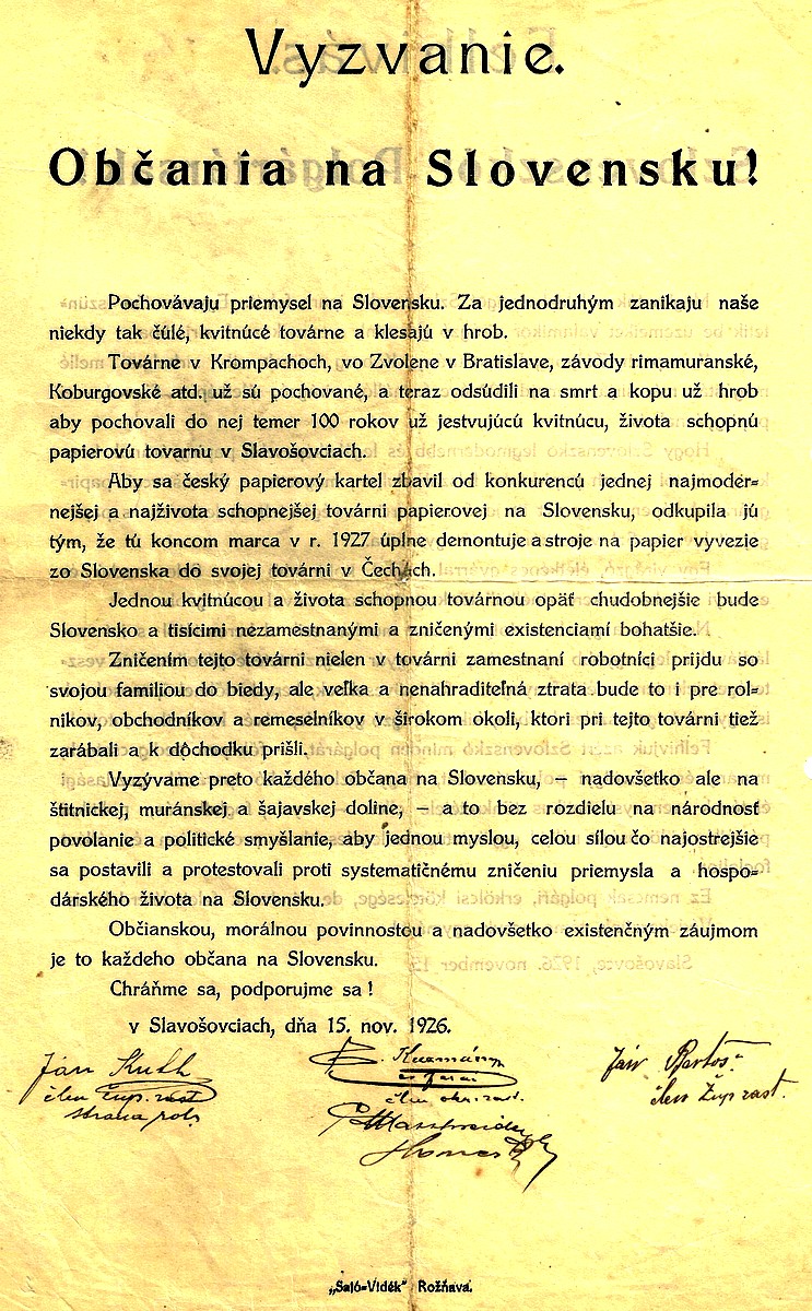 rv Leták vydaný na záchranu továrne na papier v Slavošovciach a proti ničeniu priemyslu na Slovensku1