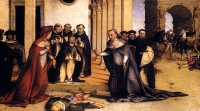 Výnimočný zázrak na Popolcovú stredu v roku 1218. Lorenzo Lotto, Sv. Dominik kriesi Napoleona Orsiniho, 1513-1516. Bergamo, Accademia Carrara