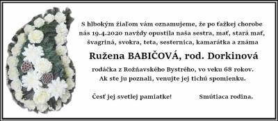 Zomrela rodáčka z Rožňavského Bystrého Ružena Babičová, rod. Dorkinová